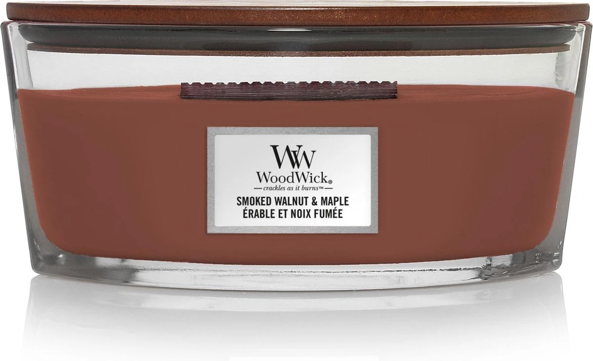 WoodWick Heartwick Flame Ellipse Geurkaars - Smoked Walnut & Maple 3 WoodWick Heartwick Flame Ellipse Geurkaars - Smoked Walnut & Maple