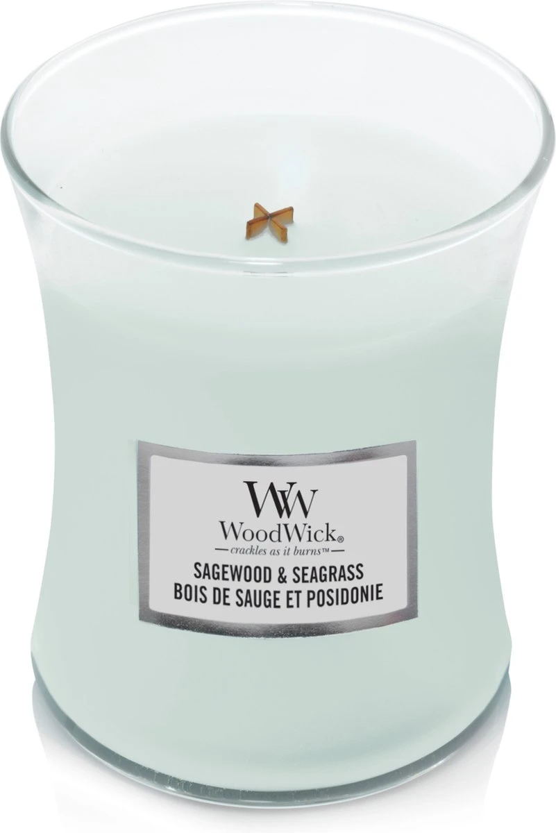 WoodWick Geurkaars Medium Sagewood & Seagrass - 11 Cm / ø 10 Cm 3 WoodWick Geurkaars Medium Sagewood & Seagrass - 11 Cm / ø 10 Cm