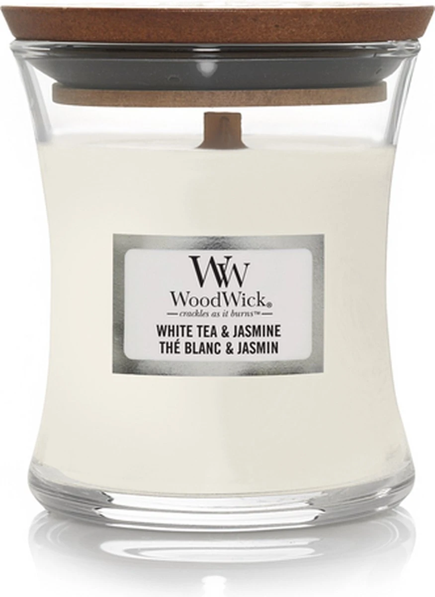 WoodWick Geurkaars Mini White Tea & Jasmine - 8 Cm / ø 7 Cm 3 WoodWick Geurkaars Mini White Tea & Jasmine - 8 Cm / ø 7 Cm